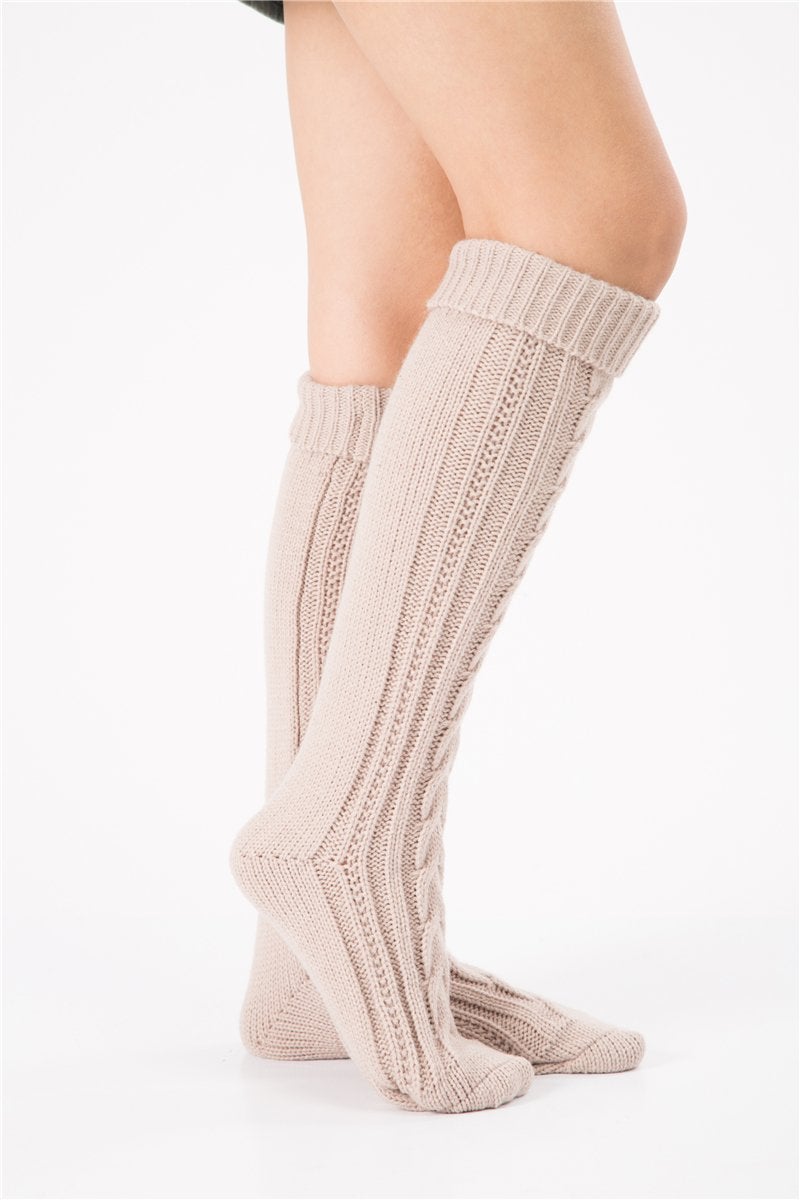 SherryDC Women's Cable Knit Long Boot Socks Over Knee High Winter Leg Warmers, Beige, One Size - Image 2